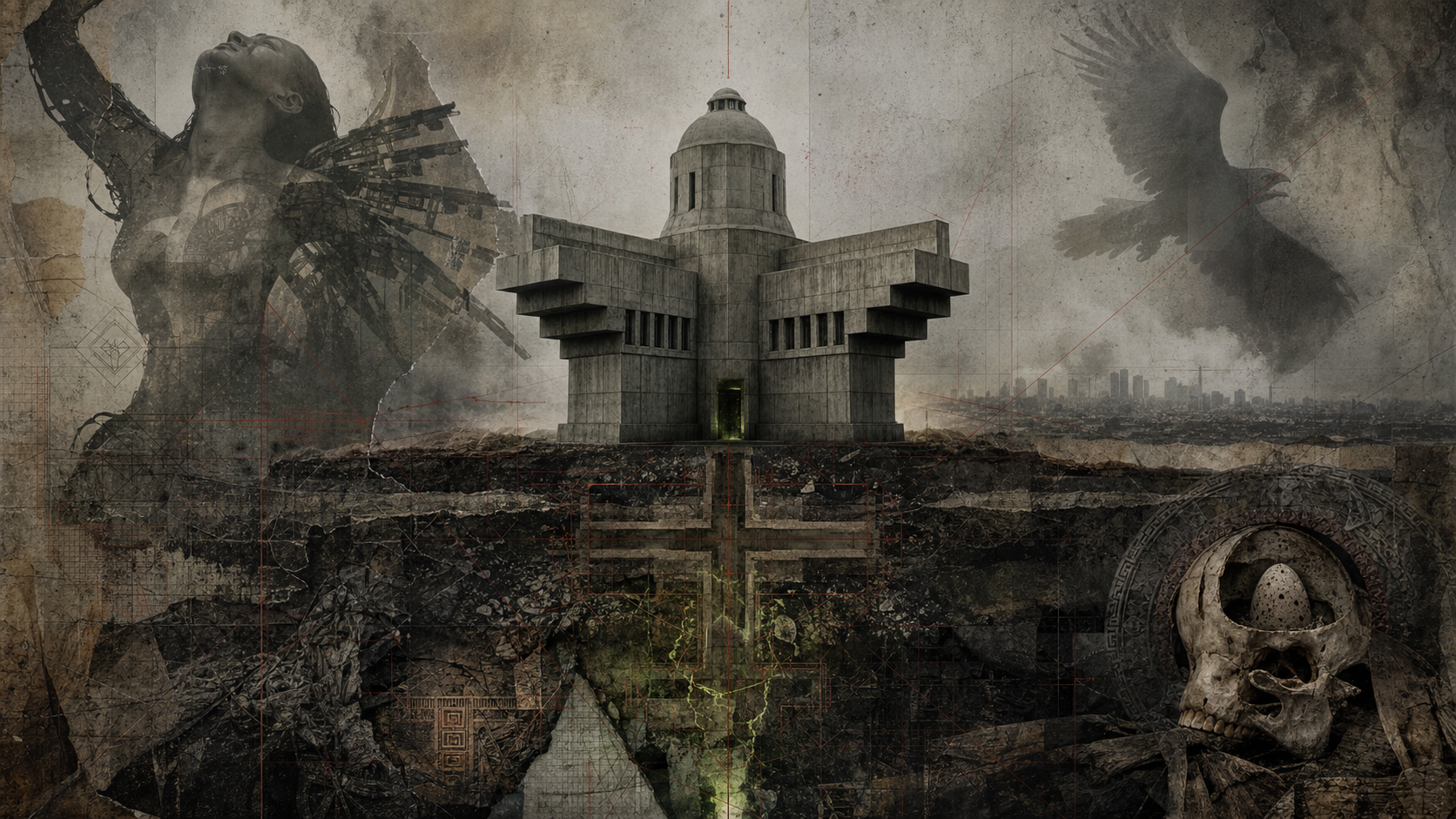 The four-winged brutalist house above layered landfill strata, with a winged dancer, an eagle shadow and a skull holding an egg.